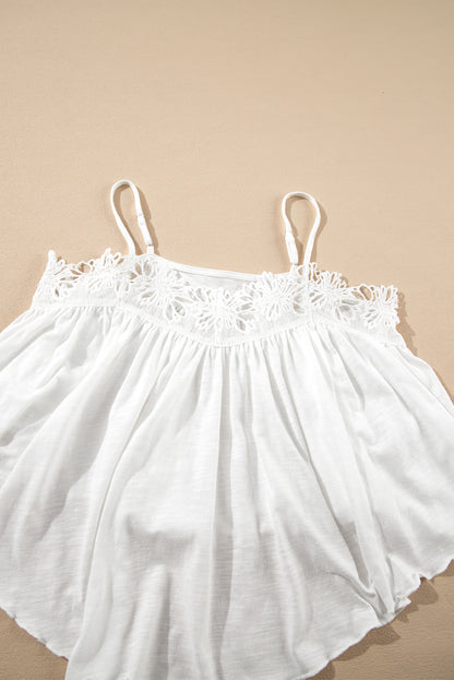 Elegant White Lace Spliced Ruffled Flared Tank Top with Spaghetti Straps