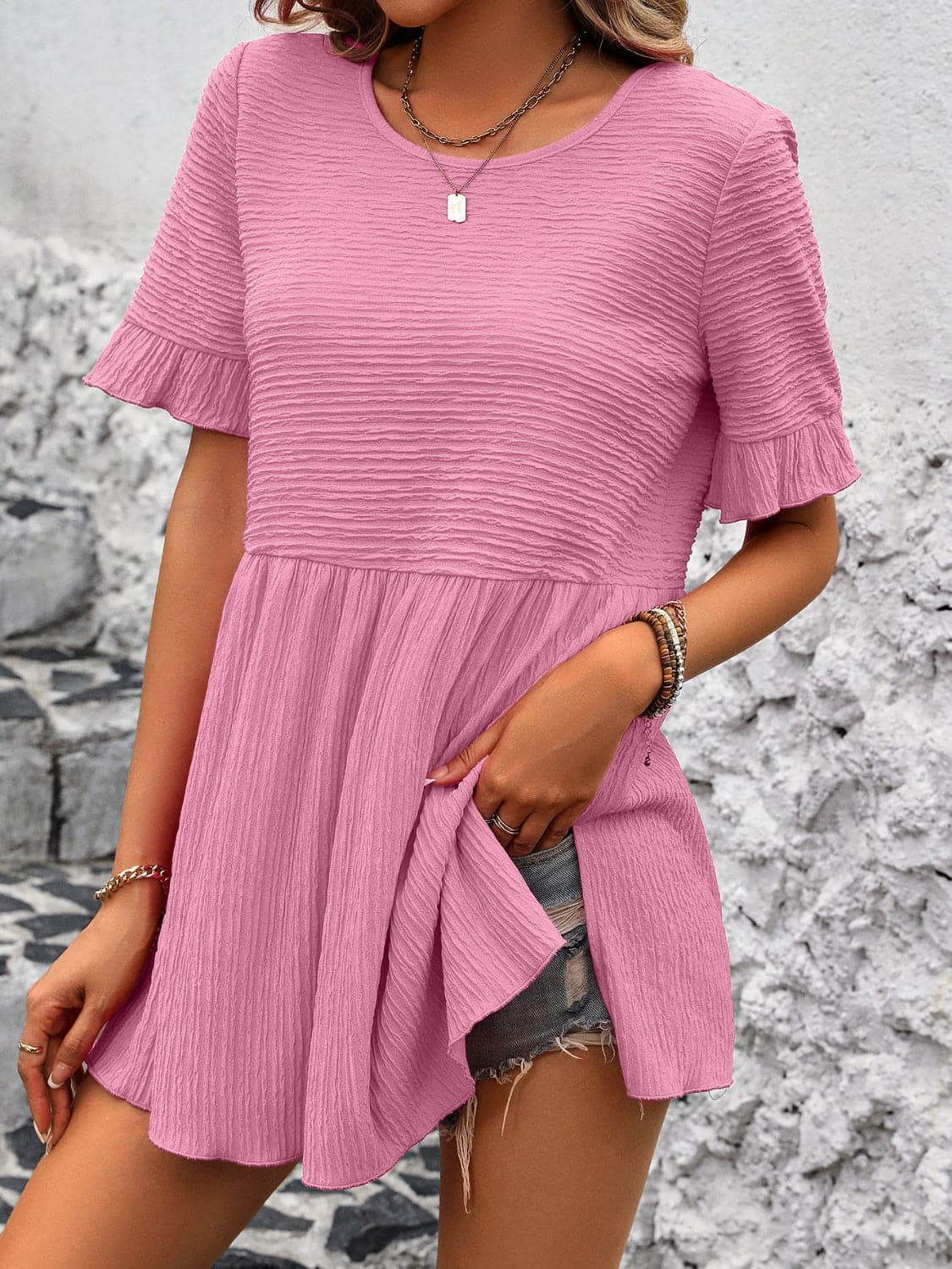 Round Neck Short Sleeve Blouse.