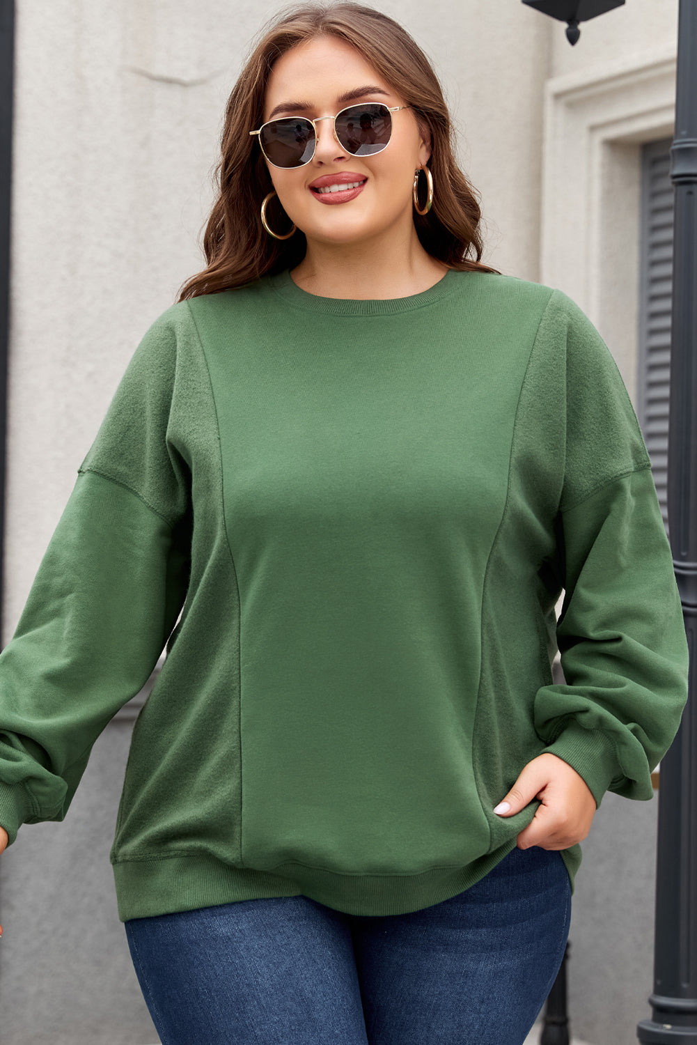 Chic plus size blackish green patchwork crewneck sweatshirt