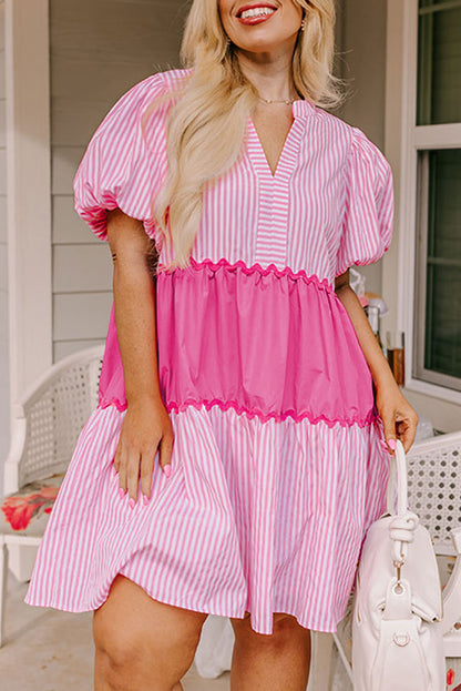 Chic pink striped block puff sleeve plus size dress