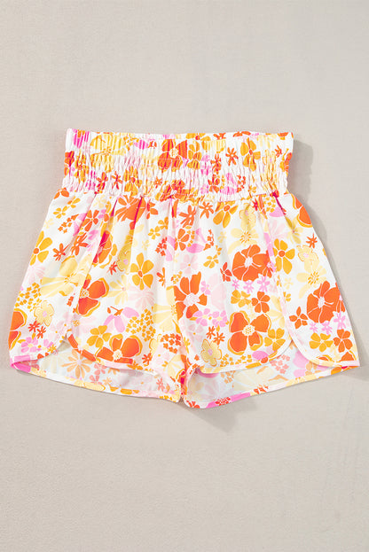 Chic orange floral high-waisted casual shorts with shirred detailing