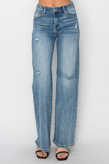 RISEN Full Size High Waist Distressed Wide Leg Jeans.