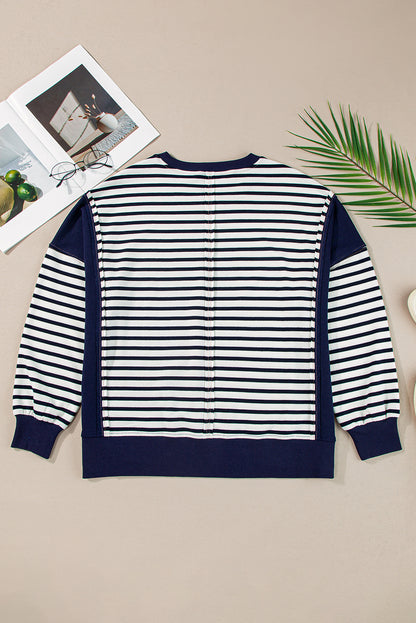 Chic white stripe color block loose fit sweatshirt with exposed seams