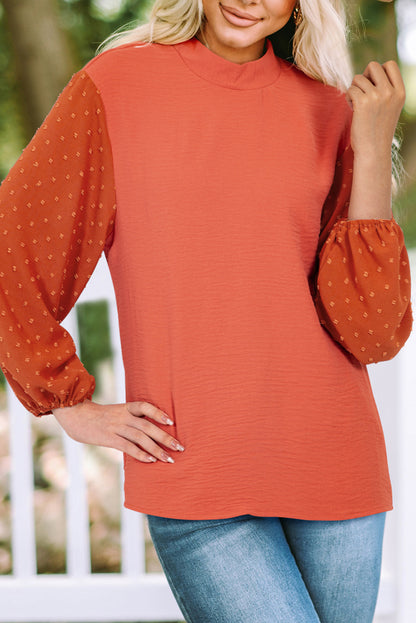 Russet Orange Swiss Dot Balloon Sleeve Loose Blouse