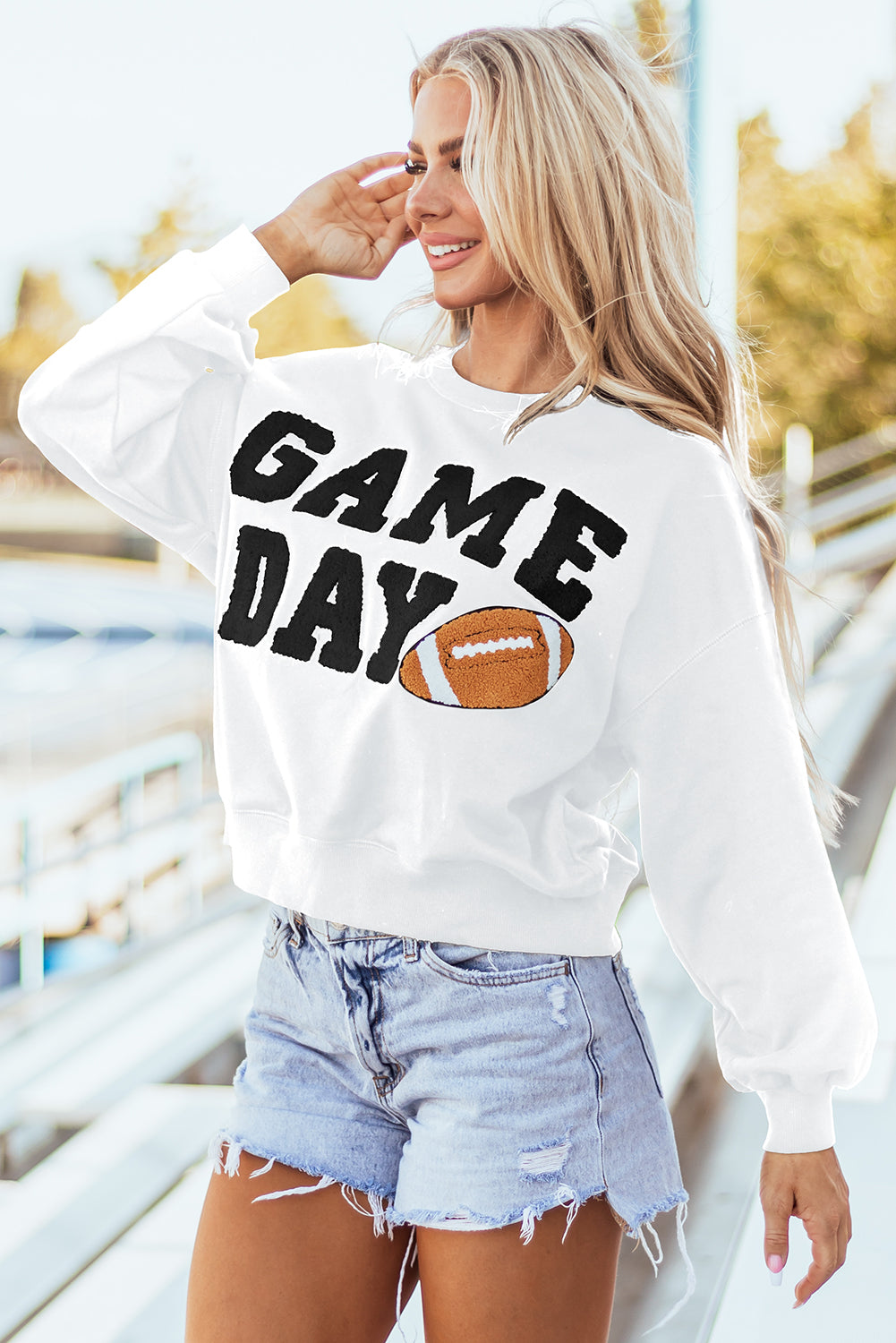 Stylish white varsity pullover sweatshirt for game day enthusiasts