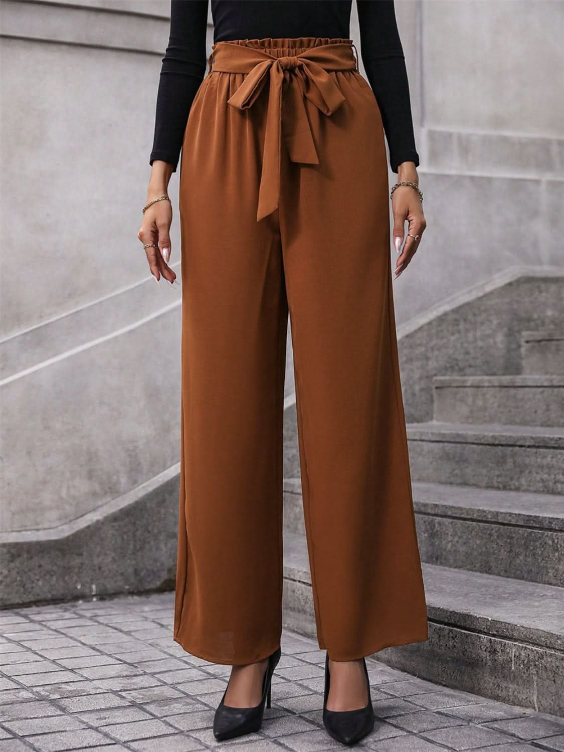 Tied high-waisted wide leg trousers