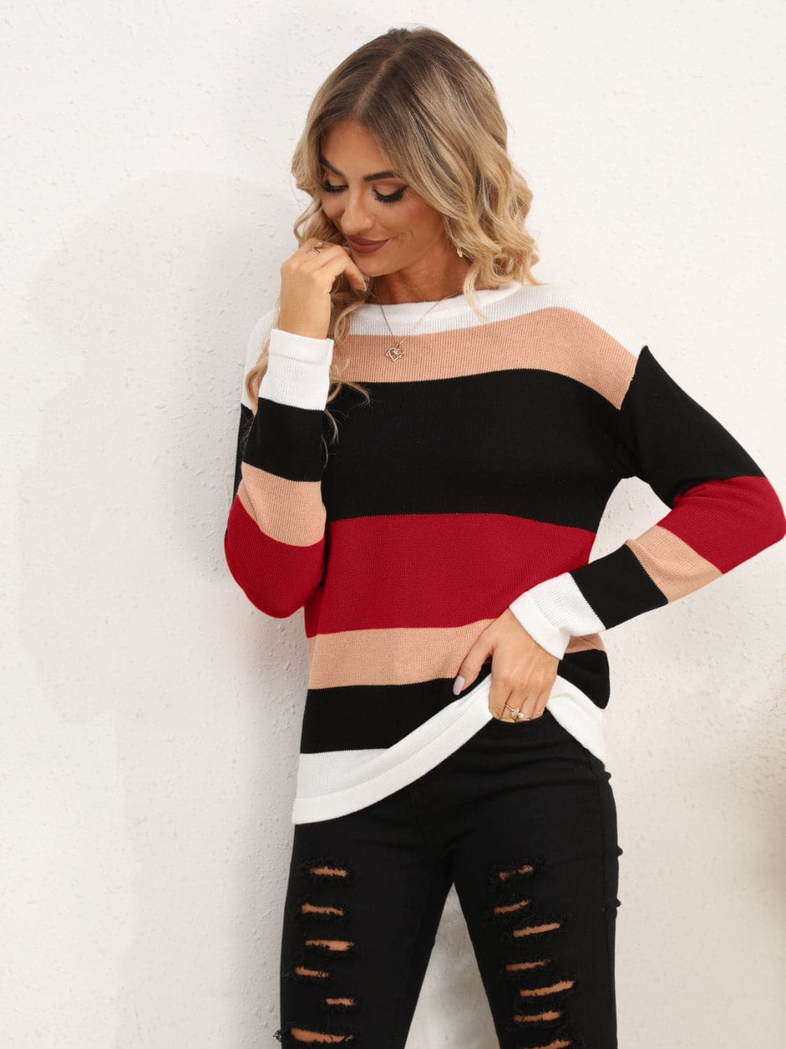 Striped Round Neck Dropped Shoulder Sweater.