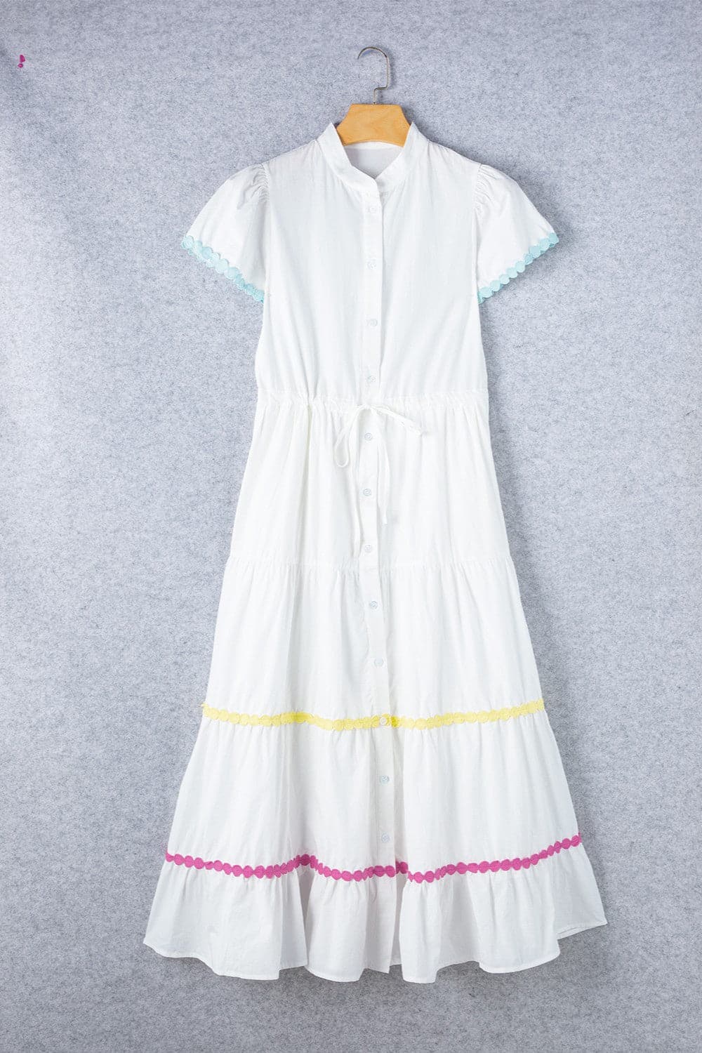 Contrast Trim Button Up Short Sleeve Dress.