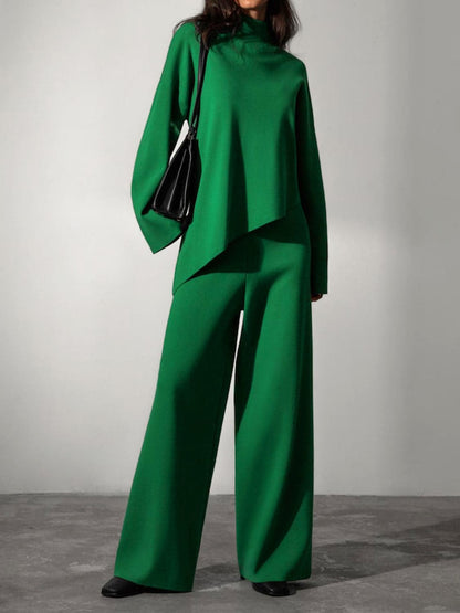 Asymmetrical Hem Knit Top and Pants Set.