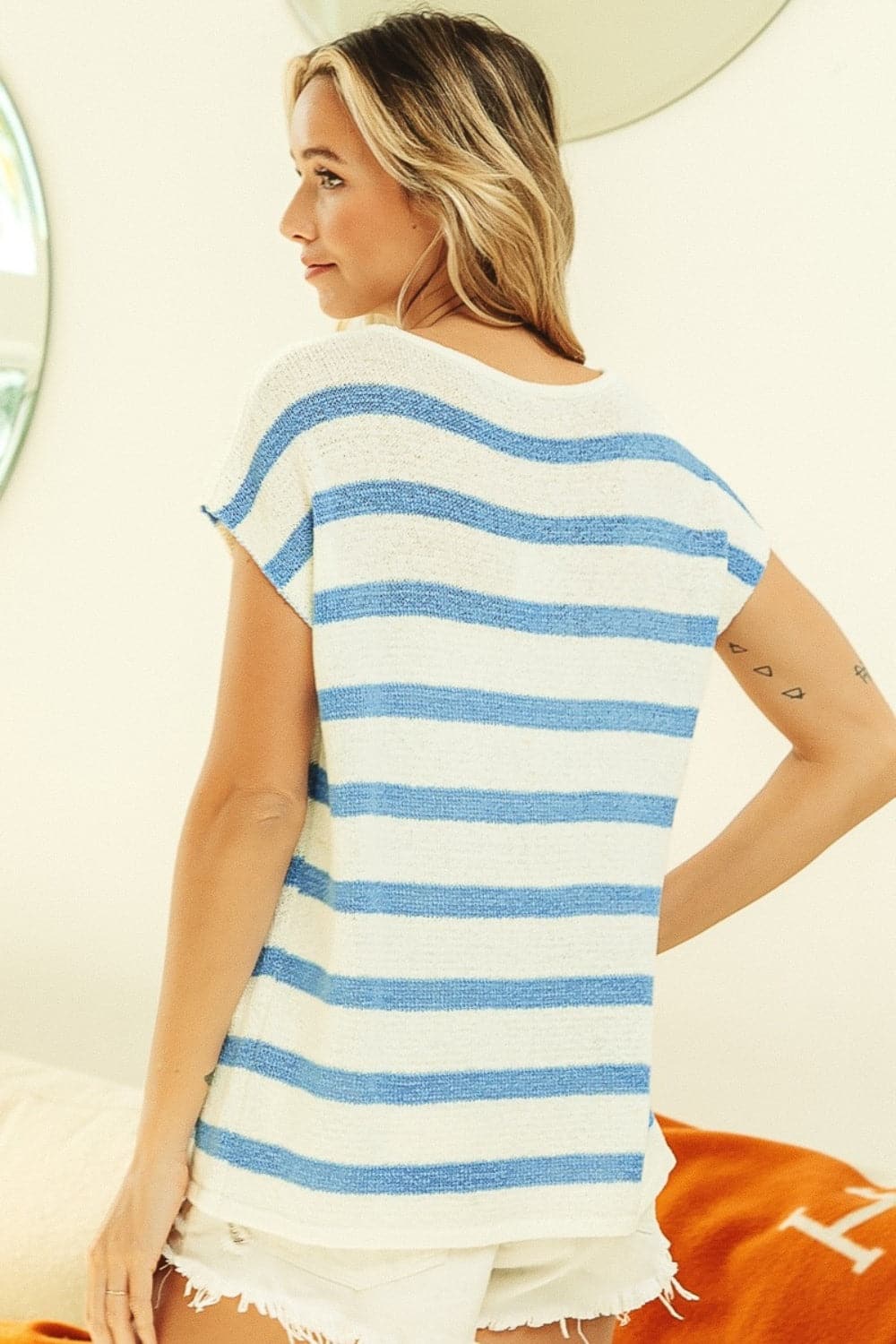 BiBi Striped Round Neck Short Sleeve Knit Top.