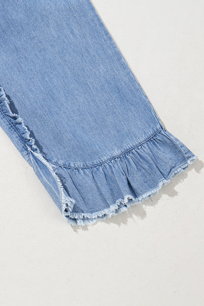 Plus Size Ruffled Ankle Jeans with Lace-Up Waist in Blue