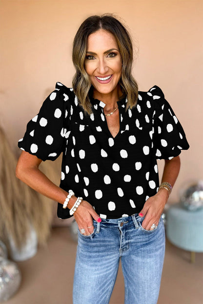 Black Polka Dot Print Smocked Notched Neck Balloon Sleeve Blouse