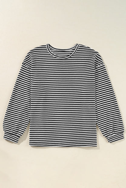 Chic black striped plus size drop shoulder long sleeve tee