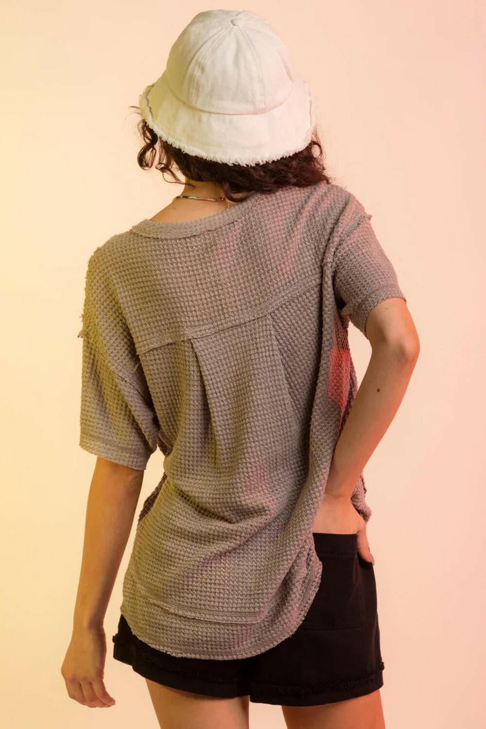 Waffle-Knit Notched Half Sleeve T-Shirt.