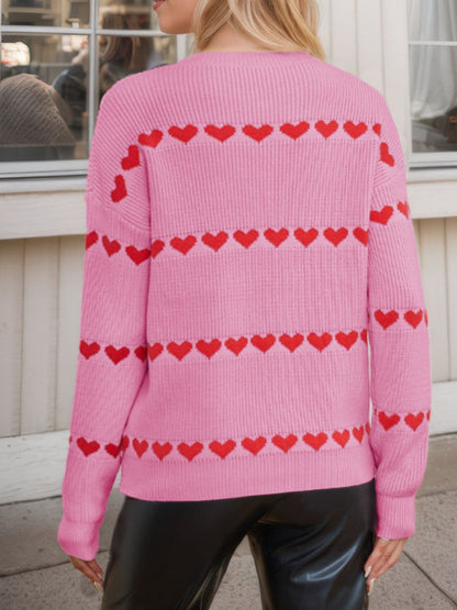 Cozy heart-patterned long sleeve sweater