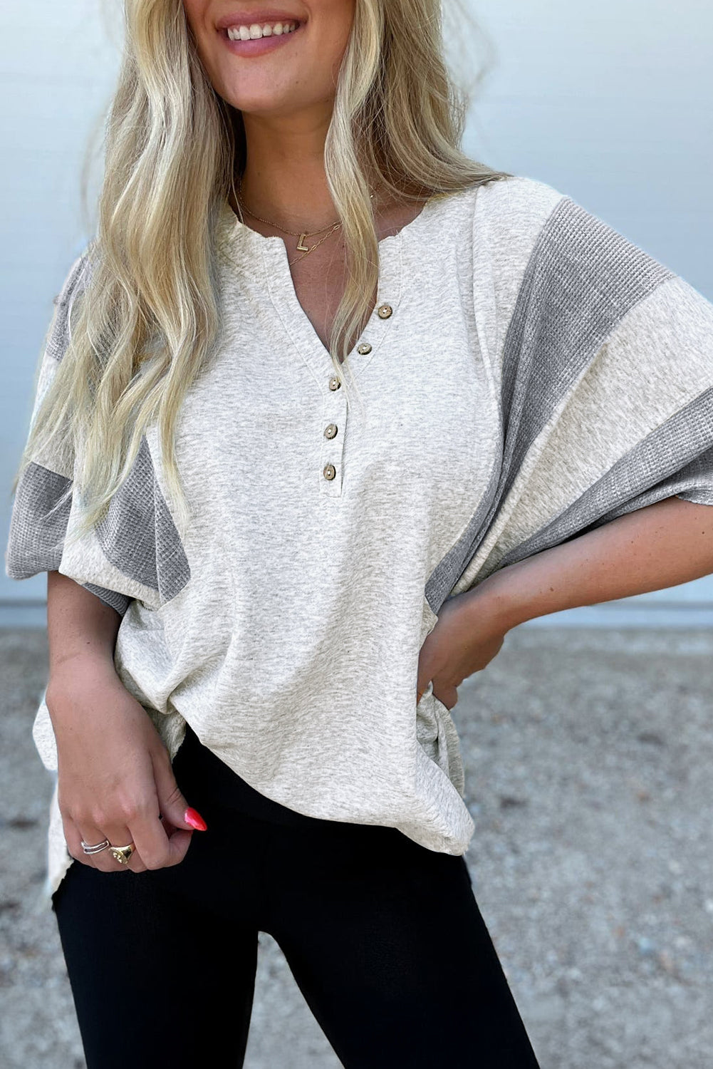 Light Grey Two Tone Contrast Waffle Knit Patched Top