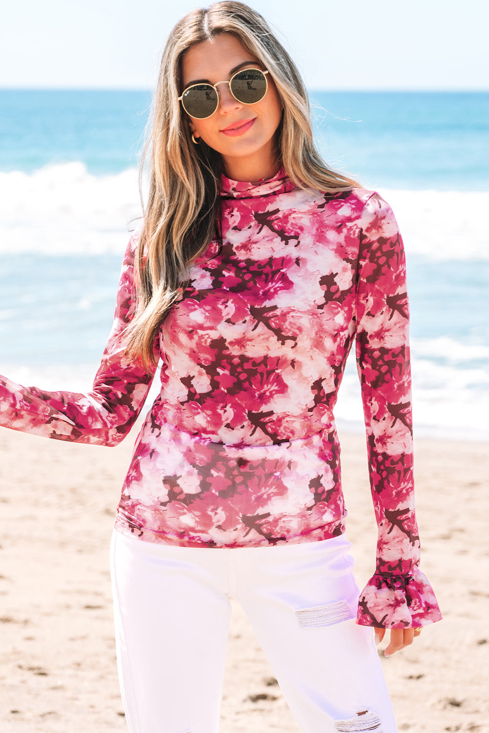 Rose Floral Mesh Flounce Sleeve Mock Neck Blouse for Women