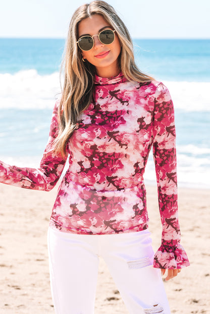 Rose Floral Mesh Flounce Sleeve Mock Neck Blouse for Women