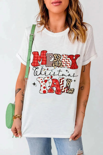 Letter graphic round neck short sleeve T-shirt with "Merry Christmas Y'all" print, featuring a slightly stretchy fit.