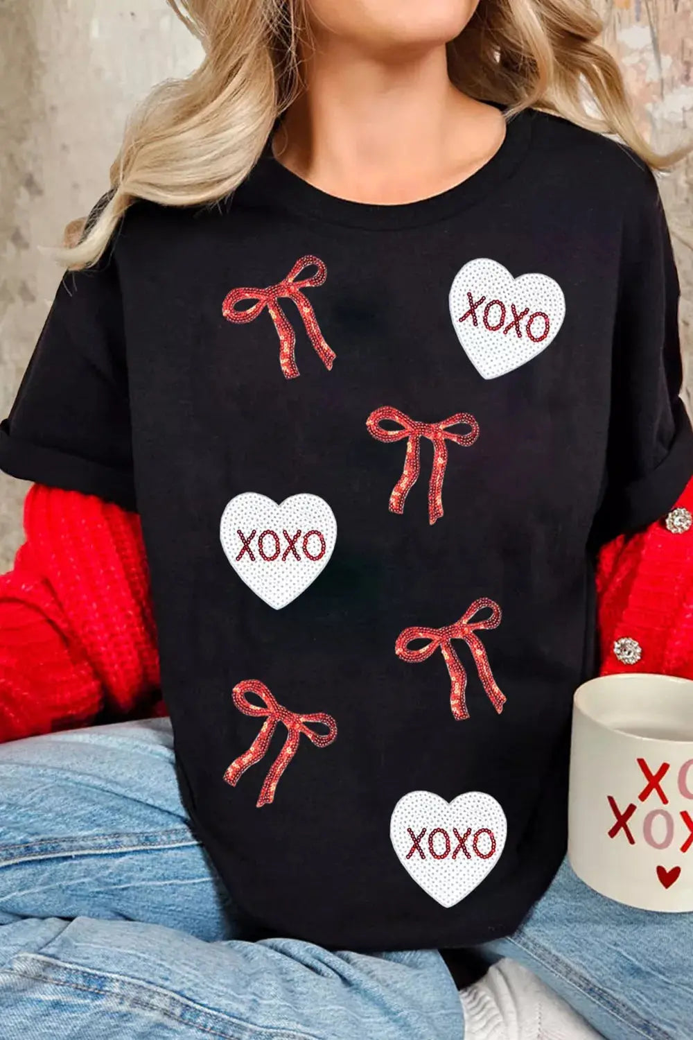 Valentines Bow XOXO Heart Sequin Patched Loose T Shirt Simply Love