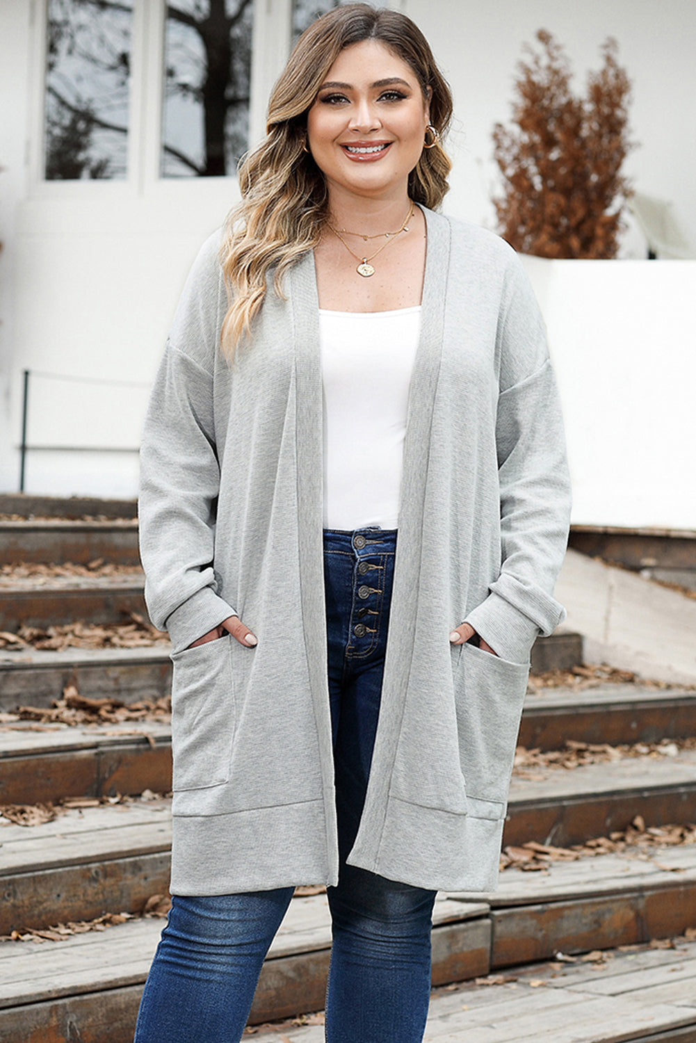 Cozy elegance: pocketed plus size thermal knit cardigan