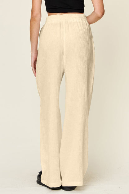 Double Take Full Size Texture Drawstring Wide Leg Pants.