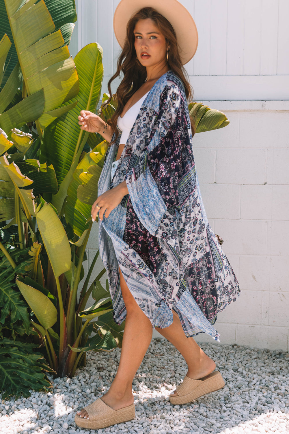 Blue Retro Floral Print Long Loose Open Front Kimono Love Salve