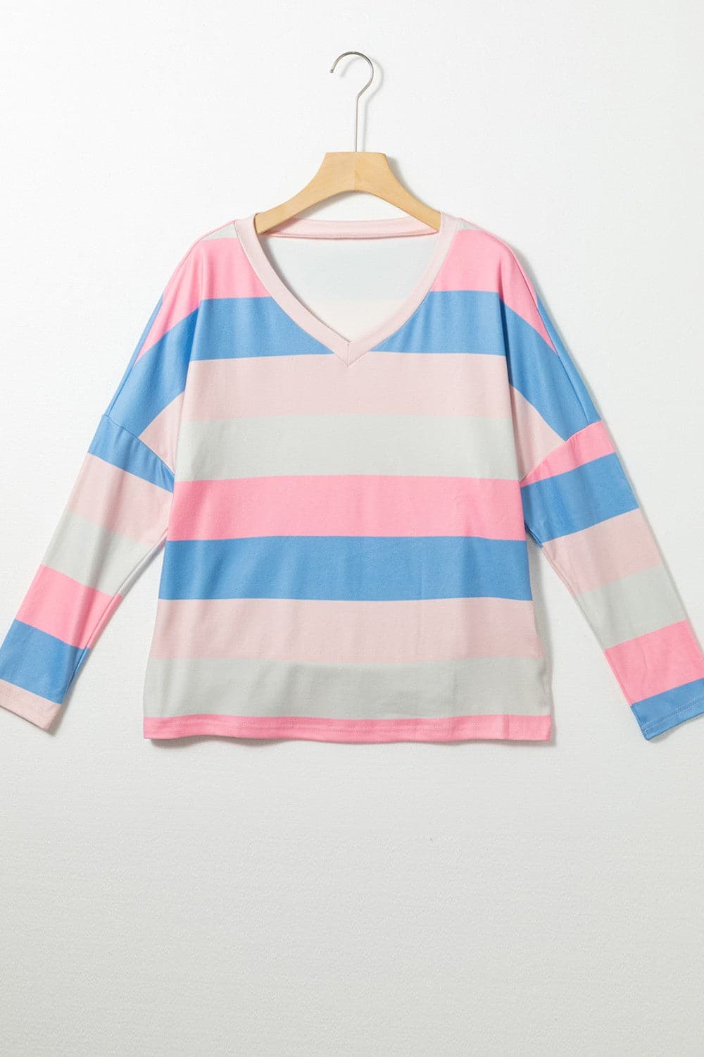 Color Block V-Neck Long Sleeve T-Shirt.