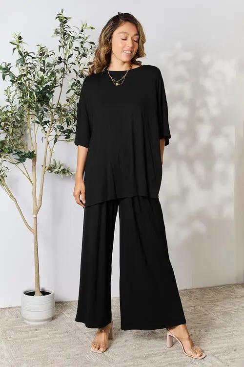 Double Take Full Size Round Neck Slit Top and Pants Set - Love Salve