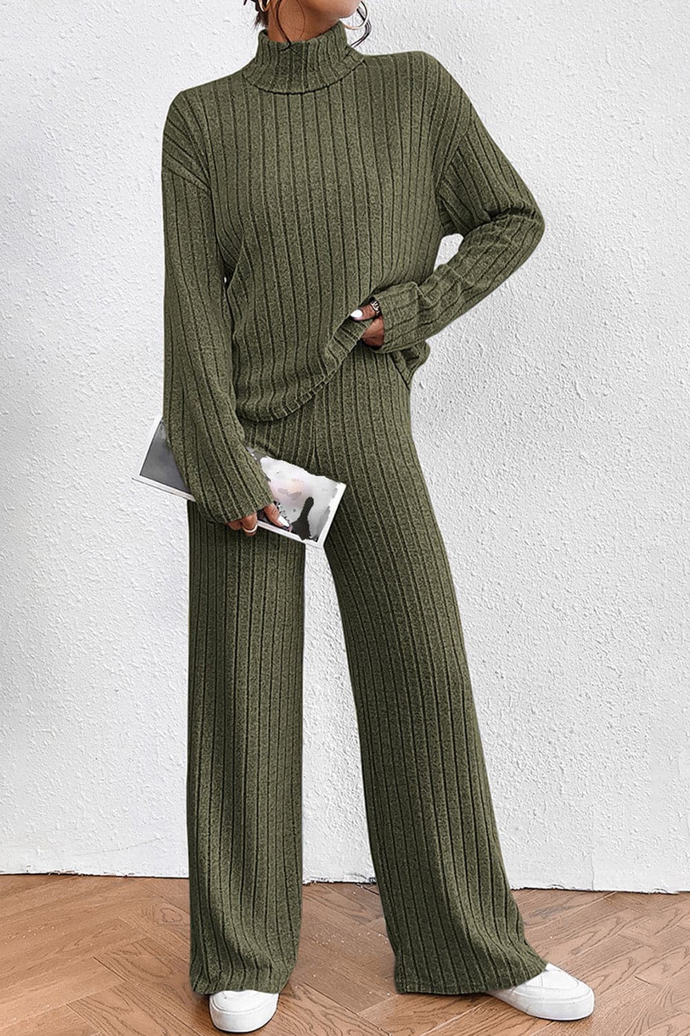 Ribbed Mock Neck Top and Pants Set.