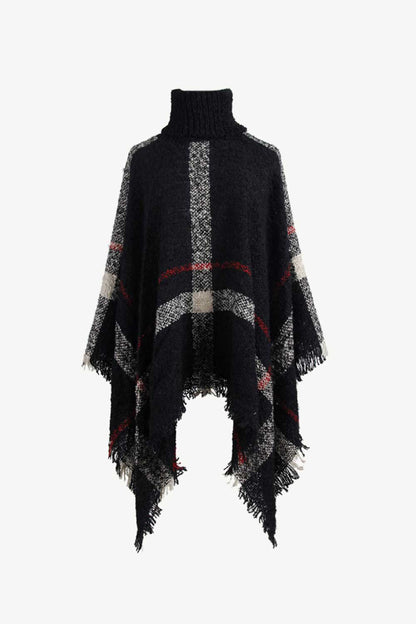 Plaid Turtleneck Raw Hem Poncho.