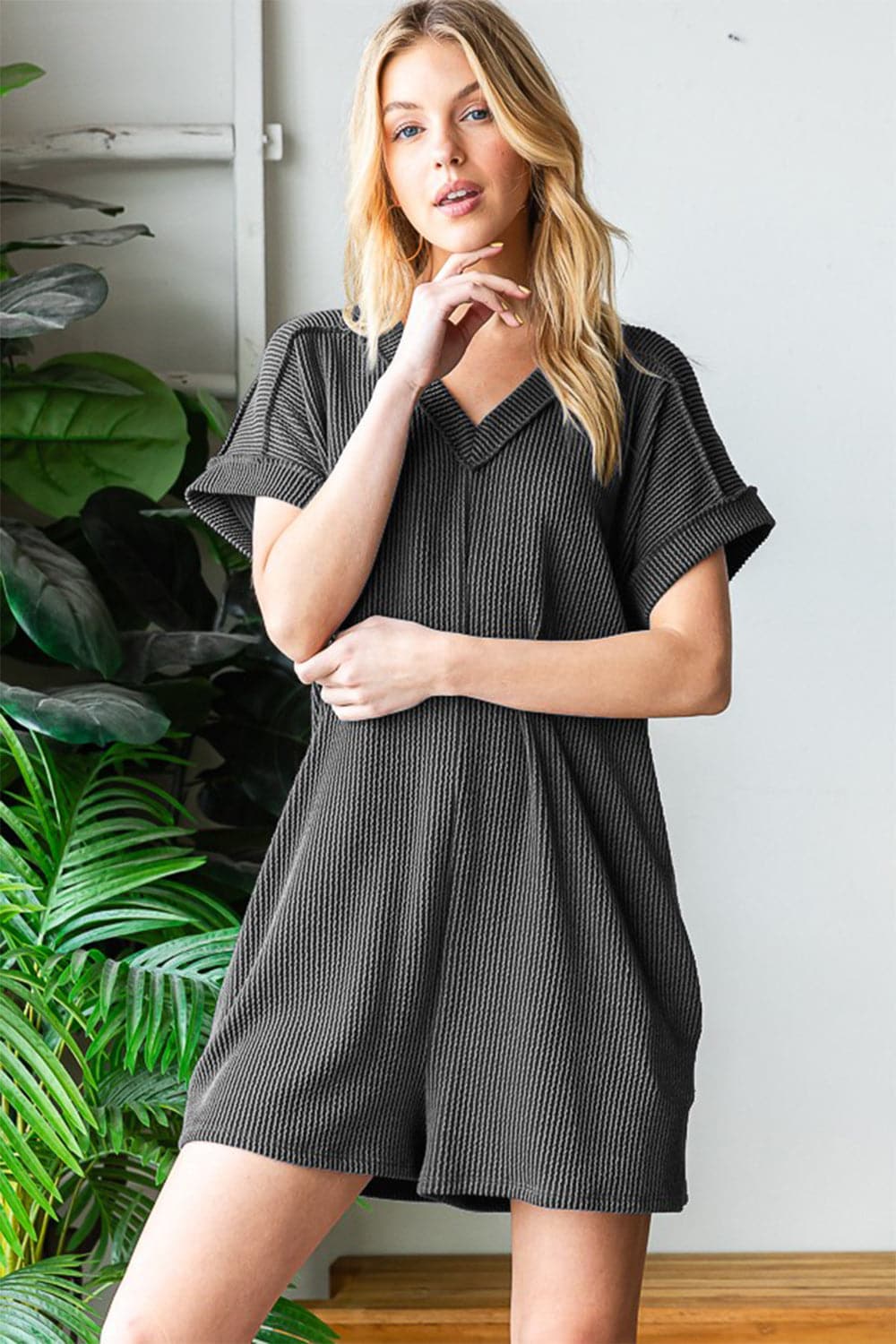 Heimish Full Size Short Sleeve Ribbed Romper with Pockets.