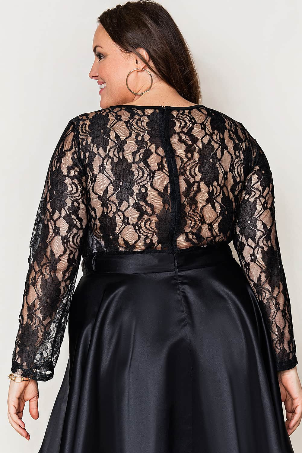 Elegant black plus size satin dress with sheer lace accents