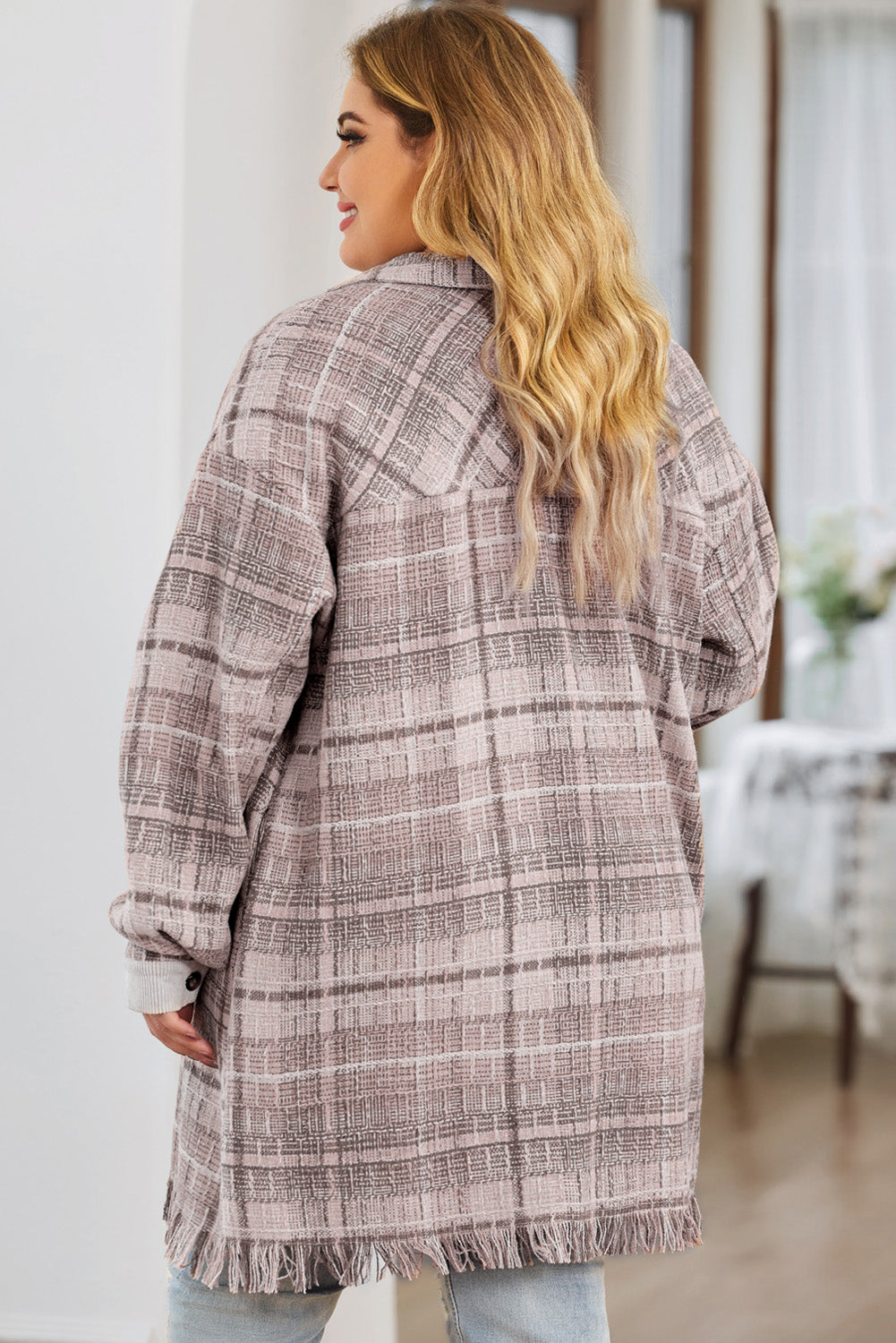 Chic pink macrame plaid coat in plus sizes