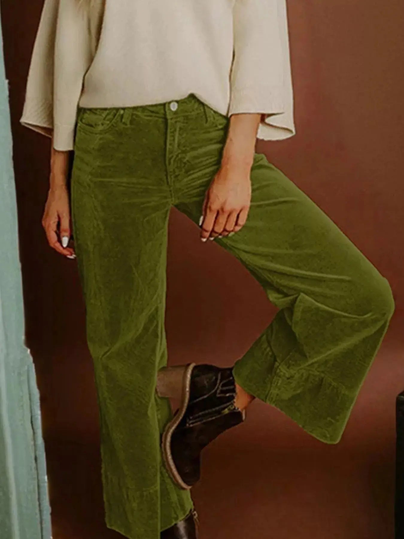 Corduroy Solid Color High Waist Wide Leg Pants Simply Love