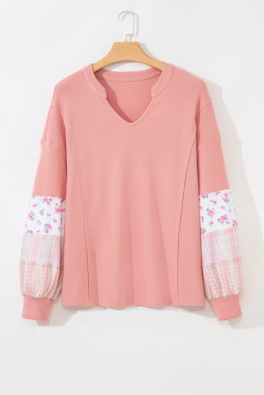 Pink Floral Patchwork Waffle Notched V Neck Top Plus Size Dear-Lover Dropshipping