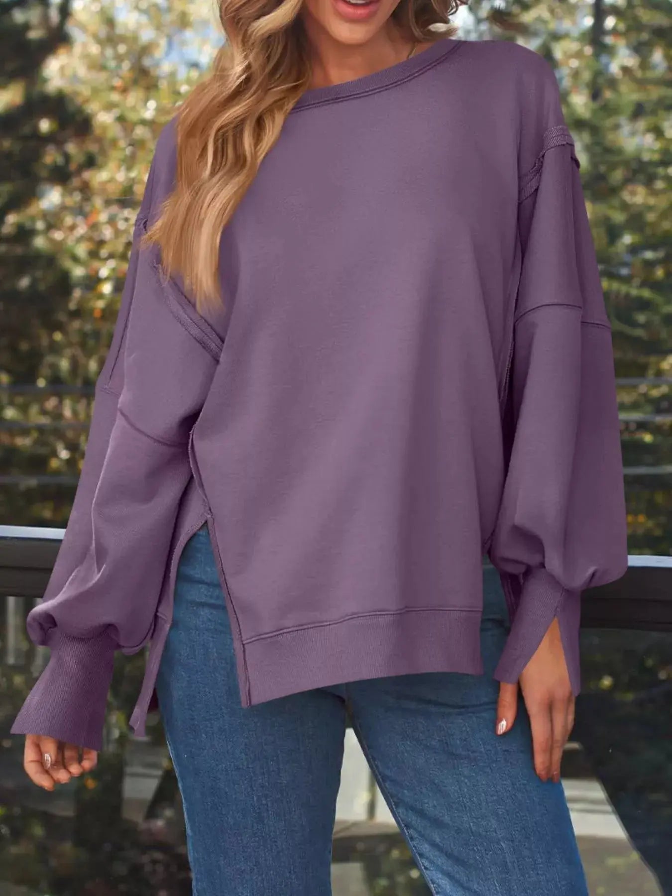Side Slit Long Sleeve Oversized Sweatshirt Simply Love