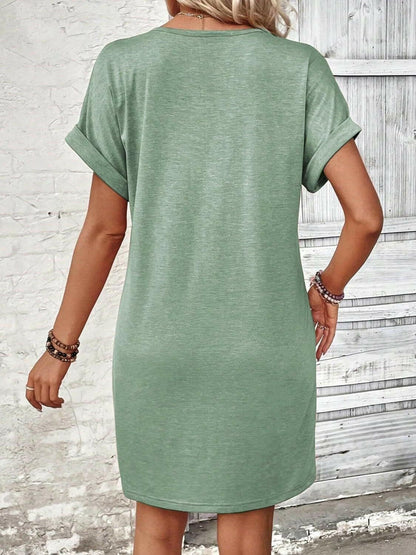 Quarter Button V-Neck Short Sleeve Dress.