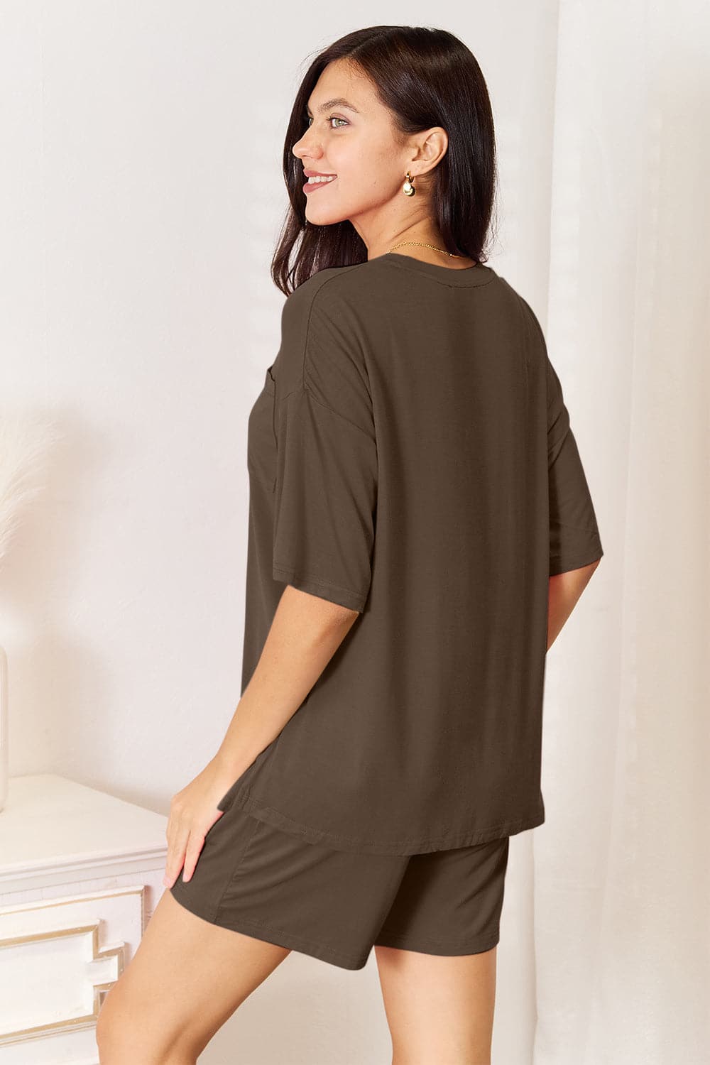 Basic Bae Bamboo Full Size Round Neck Drop Shoulder T-Shirt and Shorts Set.