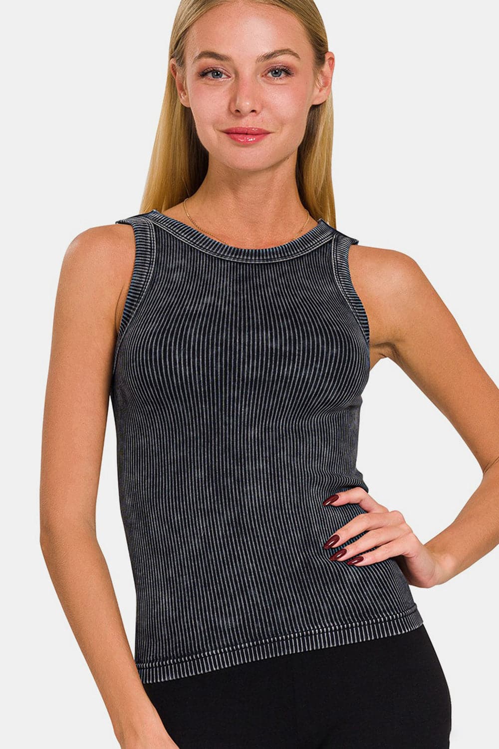 Zenana 2 Way Neckline Washed Ribbed Cropped Tank.