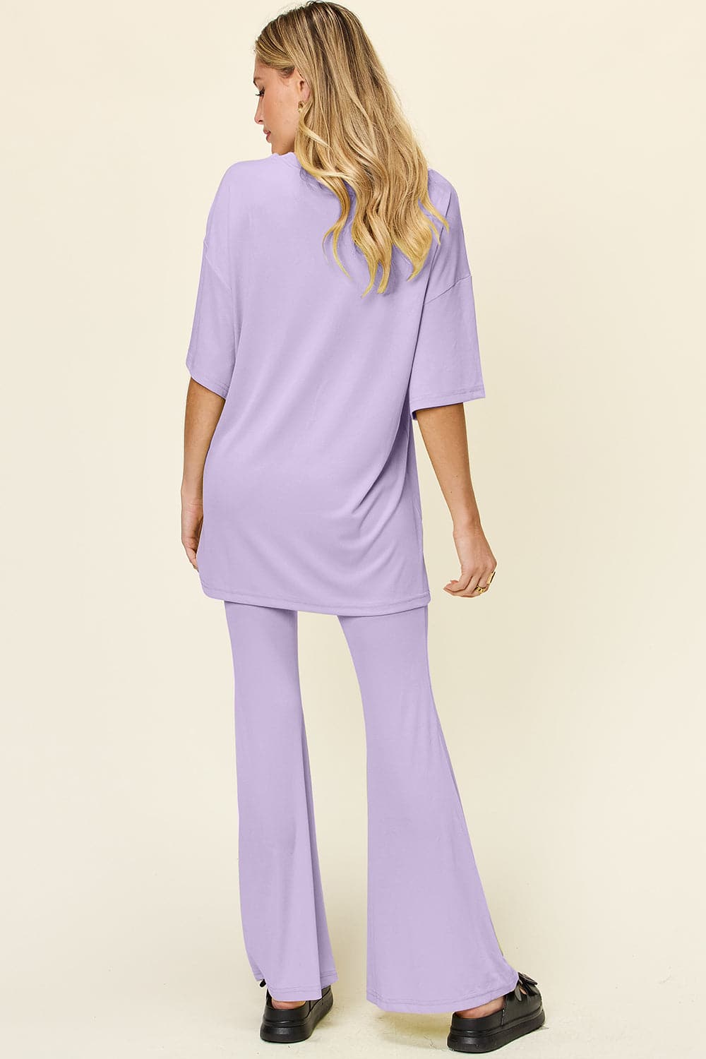 Double Take Full Size Round Neck Drop Shoulder T-Shirt and Flare Pants Set.