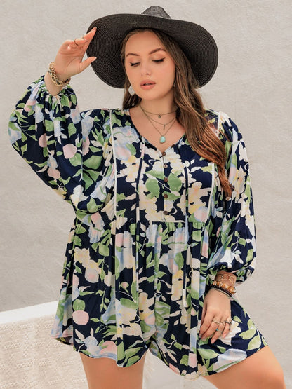 Plus Size Tied Printed Long Sleeve Romper.