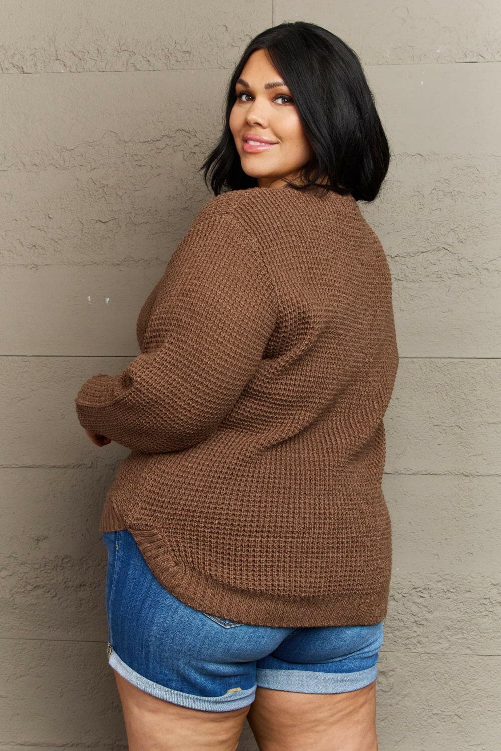 Zenana Breezy Days Plus Size High Low Waffle Knit SweaterStay Cozy in Style
 The Zenana Breezy Days Plus Size High Low Waffle Knit Sweater is not just an ordinary sweater; it is your essential companion for the colder montLove Salve Size High Low Waffle Knit Sweatercloseout