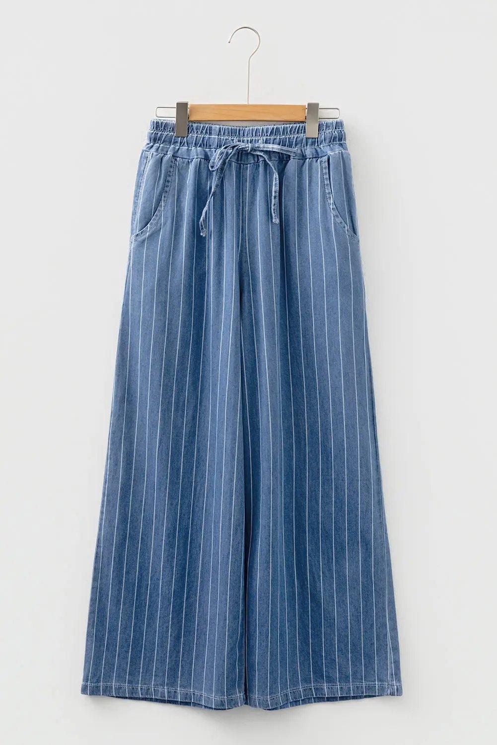 Premium Blue Stripe Chambray Wide Leg Tied Elastic Waist Trousers Dear-Lover Dropshipping