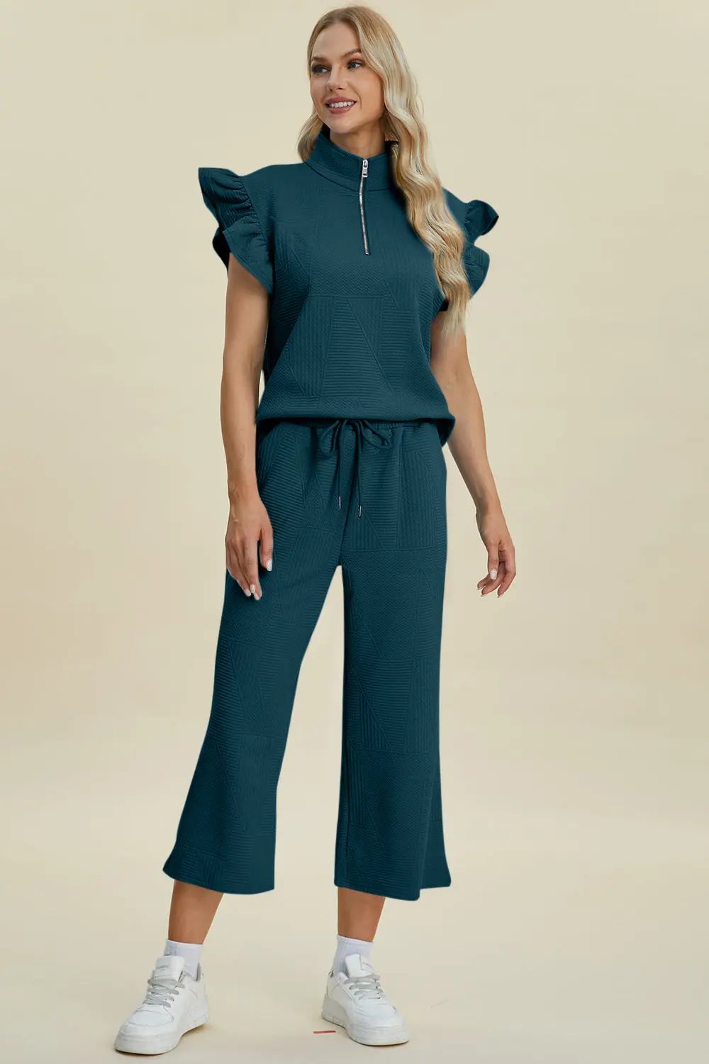 Double Take Full Size Texture Ruffle Short Sleeve Top and Wide Leg Pants Set - Love Salve