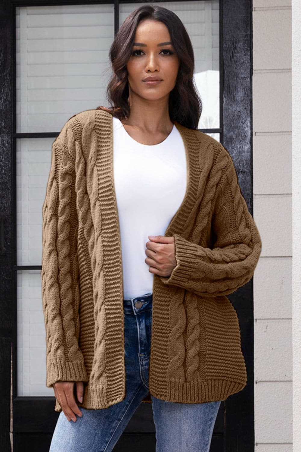 Open Front Cable-Knit Cardigan.