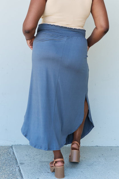 Doublju Comfort Princess Full Size High Waist Scoop Hem Maxi Skirt in Dusty Blue.