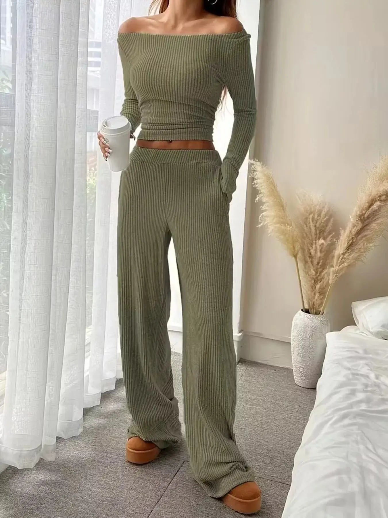 Ribbed Knit Boat Neck Top and Pants Set Simply Love