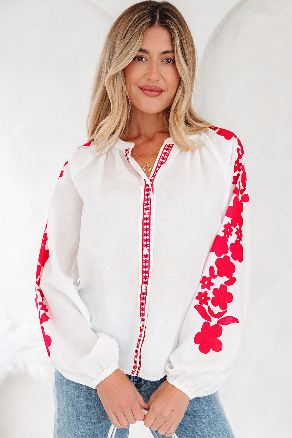 Premium White Floral Embroidered Puff Long Sleeve Casual Shirt Dear-Lover Dropshipping