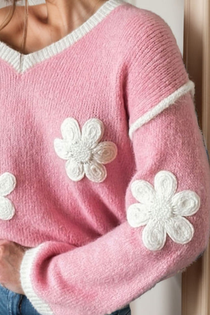 Flower V-Neck Dropped Shoulder Sweater.